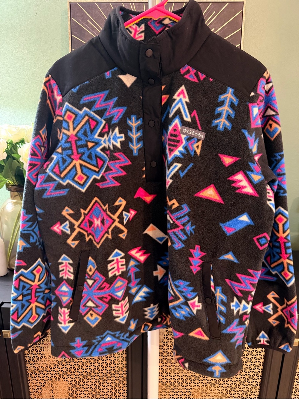 Columbia Black Fleece Jacket with Vibrant Aztec Print